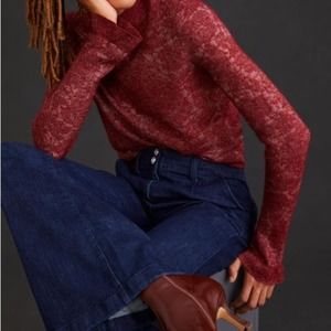 Anthropologie - Hanna Wool Blend Lace Mock Neck Sweater, Wine, Sz Small